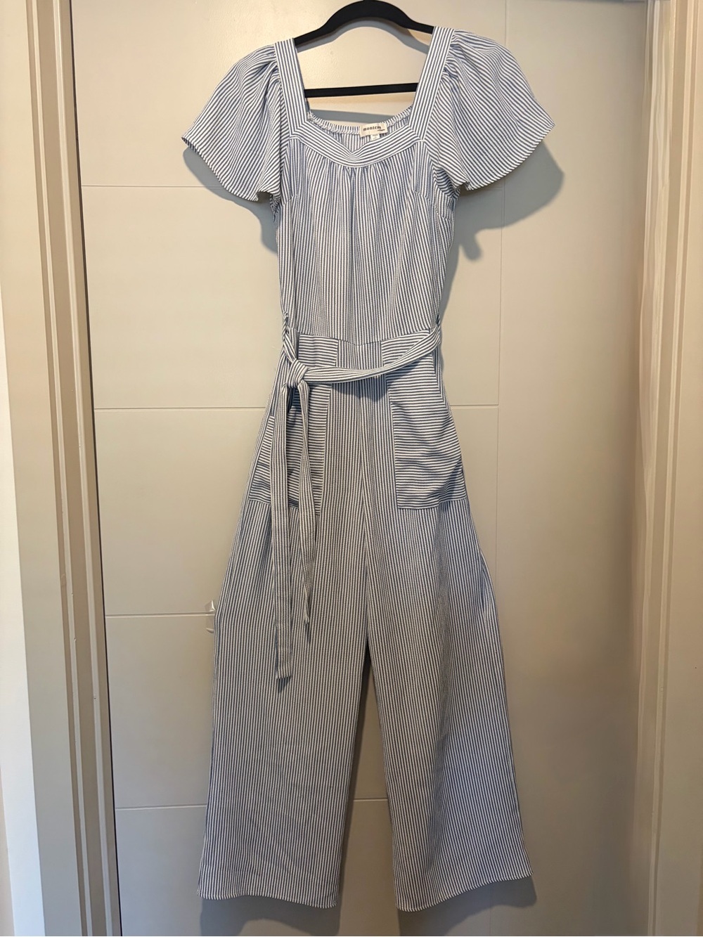 Monteau Blue and White Striped Square Neck Jumpsuit with Tie Waist